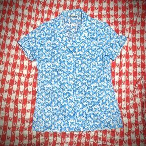 Vintage 1970s Blue Butterfly Short Sleeve Button Down Blouse